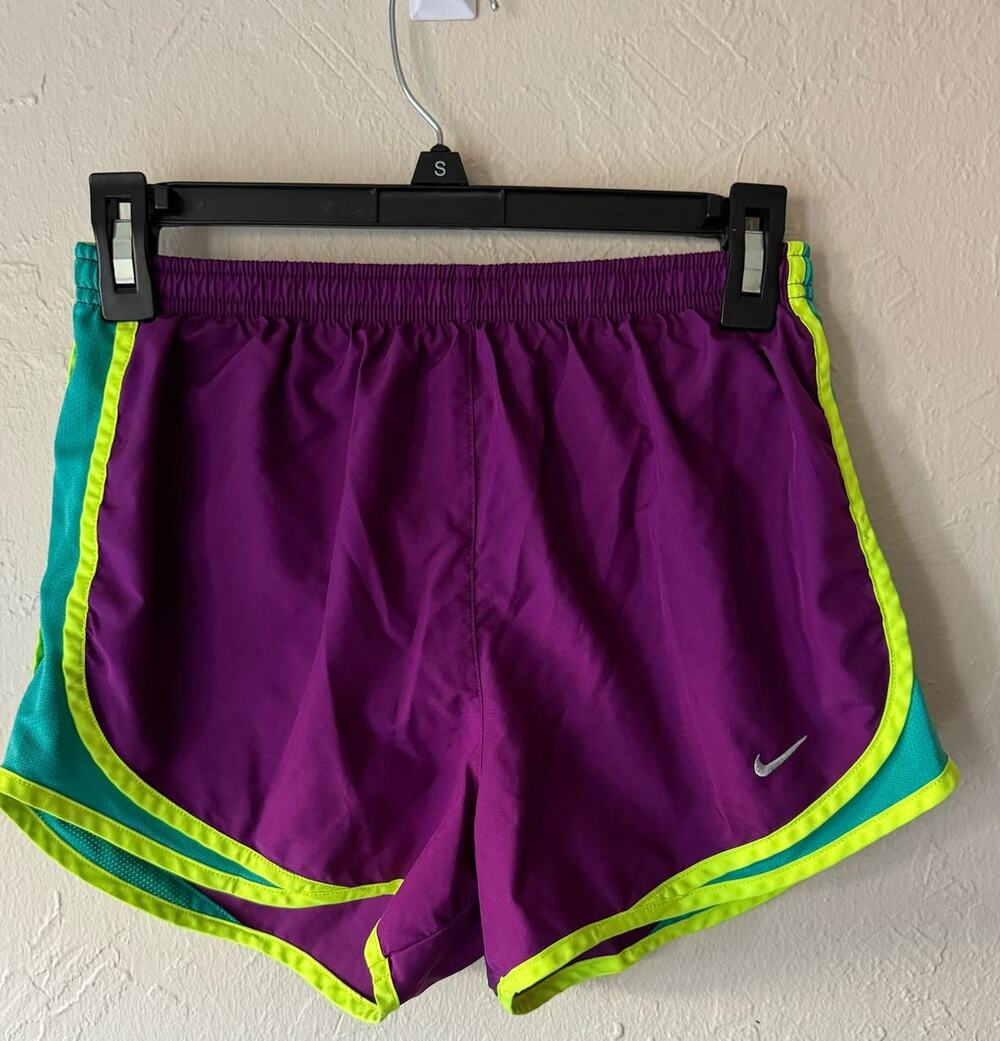 Nike Women's Dri Fit Shorts in Purple with Lime Green/ Teal Trim, Size S